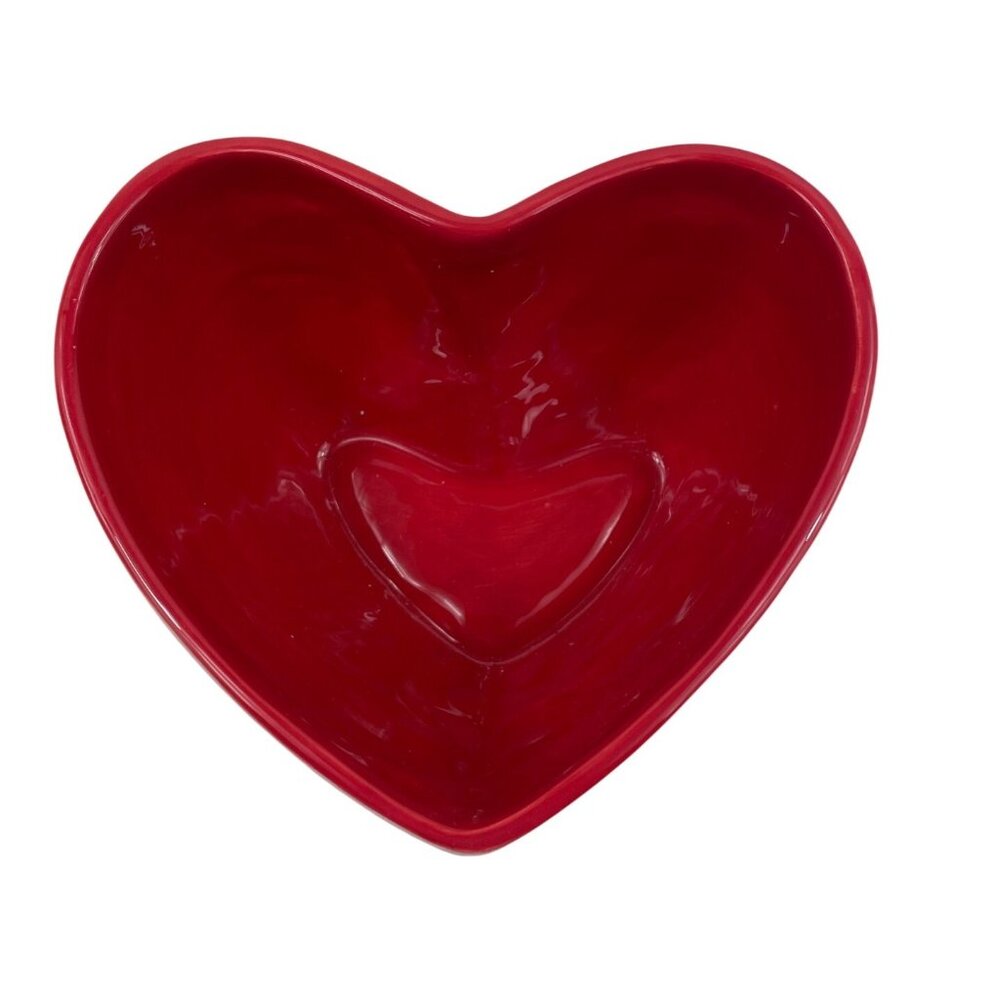 Heart-Shaped Ceramic Bowl With Multicolor Stripes Red Interior 6" Diameter - Picture 5 of 13
